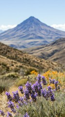 Obraz premium Vibrant lavender flowers in the foreground with a majestic mountain backdrop under clear skies