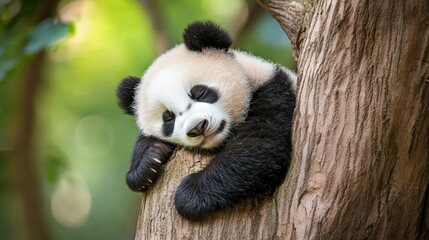 Fototapeta premium Adorable giant panda cub sleeping peacefully on a tree branch