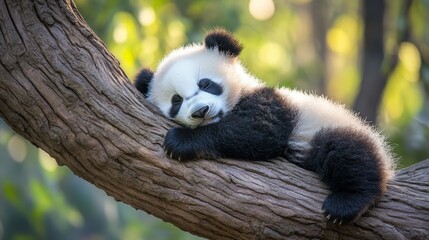 Obraz premium Adorable young giant panda sleeping on a tree branch in natural habitat