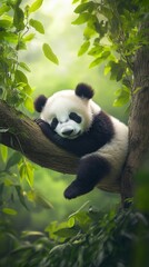 Obraz premium Adorable young panda climbing in lush green tree
