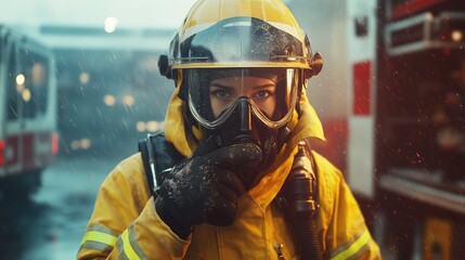 Obraz premium Experienced Firefighter in Full Protective Gear During an Emergency, Highlighting Safety and Courage