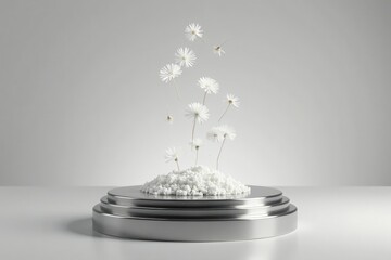 White dandelion seeds gently fall onto a polished metal pedestal, metal, abstract, dandelion seeds