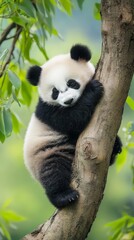 Obraz premium Adorable young panda cub climbing a tree in lush green forest