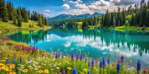 Fototapeta premium Serene turquoise lake surrounded by vibrant wildflowers and reflected trees in a picturesque landscape