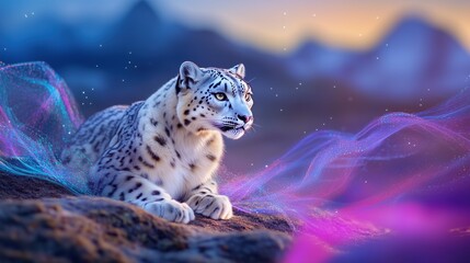 Majestic Snow Leopard Resting Amid Enigmatic Abstract Artistic Lights and Vibrant Atmosphere