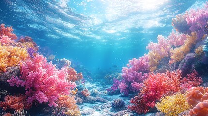 Vibrant coral reef underwater scene with diverse marine life and clear blue ocean water