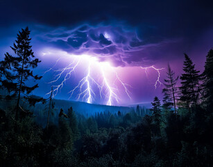夜の森に降り注ぐ幻想的な雷