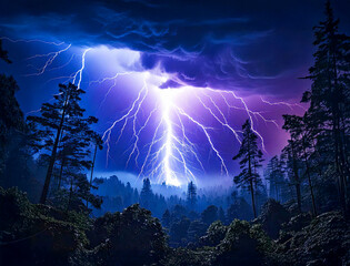 夜の森に降り注ぐ激しい雷の光
