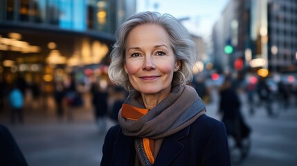 Fototapeta premium Elegant Mature Woman Standing in Urban Setting Wearing Colorful Scarf