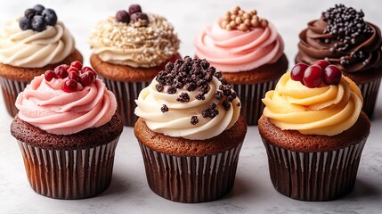 assorted cupcake muffins with various icing,frosting flavors isolated on transparent background mockup template for artwork design png cutout