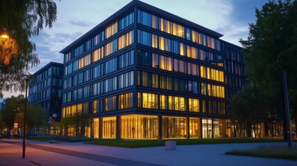 Obraz premium Modern office building illuminated at dusk in Berlin showcasing contemporary architecture and urban design elements
