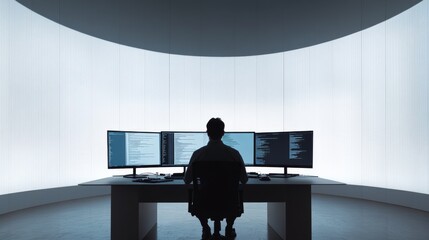 A software developer working on debugging in a minimalist office. Featuring error logs on glowing screens