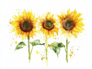 Vibrant Watercolor Sunflowers with Bright Yellow Petals and Green Leaves