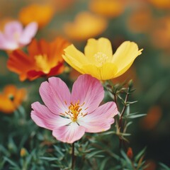 Naklejka premium Vibrant wildflowers blooming in a sunny meadow, showcasing a colorful display of nature