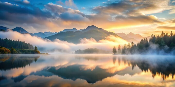 Dense fog rolling in over a misty mountain landscape at dawn with clouds overlayed above a serene lake, serene