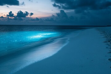 Fototapeta premium Bioluminescent waves on tranquil beach at dusk with vibrant blue glow under cloudy sky