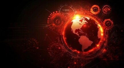 Obraz premium Futuristic Globe Concept with Gears and Digital Elements in Red