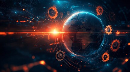 Obraz premium Futuristic Digital Earth with Gears and Lights in Dark Space