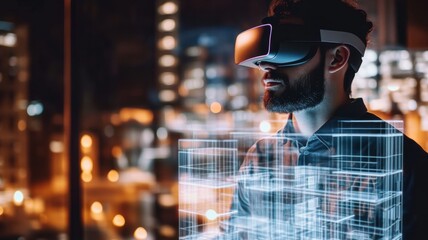 Engaging in virtual reality exploration while viewing 3D digital structures at night in a city environment