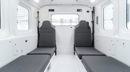 Fototapeta premium Mobile medical unit interior; two benches, window view