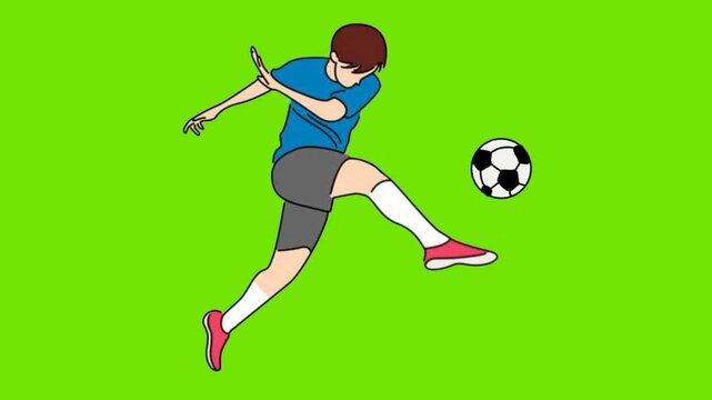 line art animation of Soccer player kick the ball green background