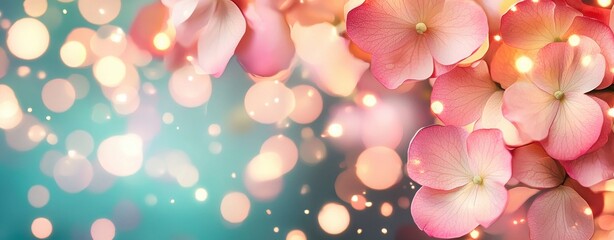 pastel spring vibes light concept. A dreamy background of soft pink flowers with shimmering bokeh effects in pastel colors.