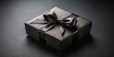 Black gift box with elegant black ribbon on dark background for a mysterious and luxurious unboxing experience, luxurious, promotional item