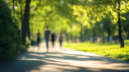 People strolling through a vibrant city park during a sunny day surrounded by lush greenery and dappled sunlight