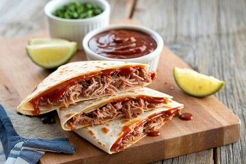 Pulled pork quesadillas with cheddar cheese and BBQ sauce