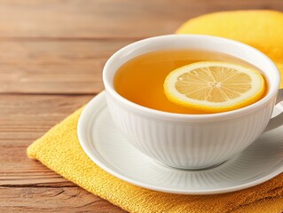 Warm cup of herbal tea with lemon slice on wooden table, cozy atmosphere