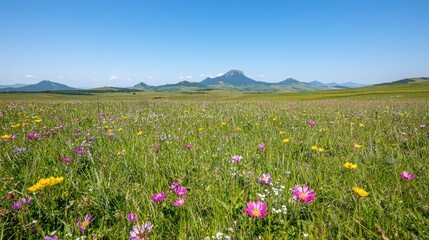 Colorful wildflowers field with mountains in background, sunny day, landscape view, nature photography
