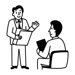 A boss giving instructions to employee, doodle style icon 
