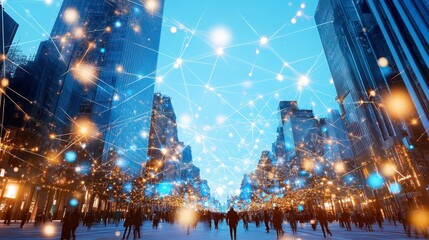 Connected City: A futuristic cityscape, alive with digital connections, showcasing the fusion of technology and urban life. Smart city concept.