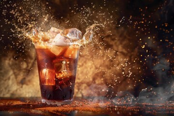 Refreshing Ice Cold Drink With Splash and Bubbles in Dark Background