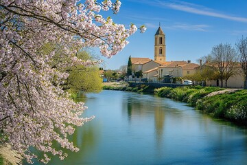 Obraz premium River town blossoms under a spring sky, church steeple reflects in tranquil water, idyllic scenery near flowering trees.