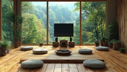 Serene living room with floor cushions, TV, & stunning forest view. Perfect for showcasing relaxation, nature, and mindful living concepts.