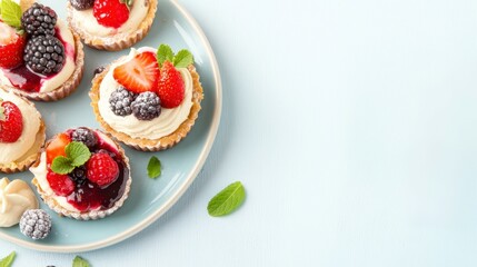 Miniature Fruit Tarts: A delectable arrangement of miniature fruit tarts, each adorned with a colorful medley of fresh berries and delicate mint leaves, rests on a vibrant plate.
