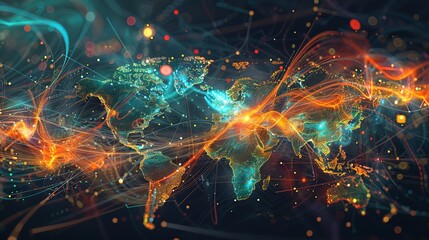 Obraz premium A vibrant digital representation of a world map with colorful data streams and bright connections symbolizing global communication.
