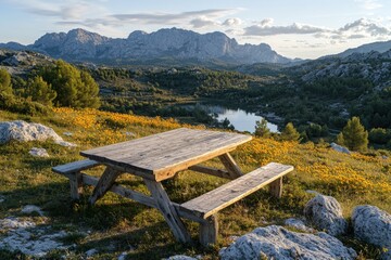 Rustic wooden picnic table overlooks a serene mountain lake, surrounded by wildflowers. Perfect for travel, nature, and relaxation themes.