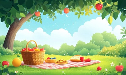 Vector design of a sunny picnic scene with a basket, blanket, and food under a tree, Generative AI