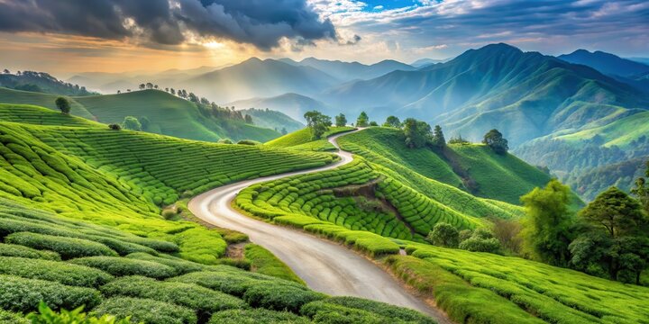 Winding road through lush green tea gardens, with hills in the background , scenic views, siliguri