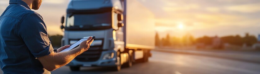 A truck driver checks the delivery paperwork against the sunset backdrop, showcasing dedication and hard work in the transport industry.