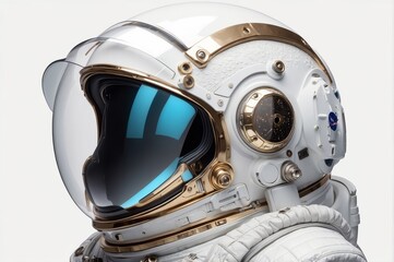 Fototapeta premium Close-up of a white astronaut helmet with gold accents, against a white background.