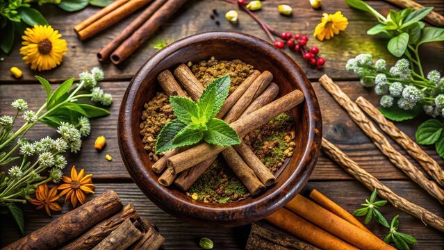 Ayurvedic Mulethi Stick in Bowl, medicinal plant, powder herbs,  medicinal plant
