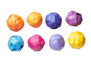 Fototapeta premium Crumpled sheet cycle balls multicolor paper against. Image highlights textures and folds of paper, symbol waste, mistakes, or recycling. Isolated on cut out PNG or transparent background.