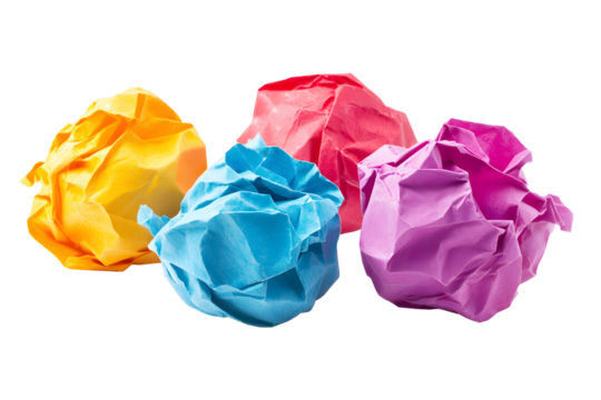Crumpled sheet multicolor blue, purple, pink, yellow paper balls against isolated on cut out PNG or transparent background. Image textures and folds of paper, symbol waste, mistakes, or recycling.