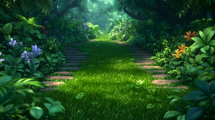 Lush jungle path, sunlight, vibrant plants, peaceful background, game design
