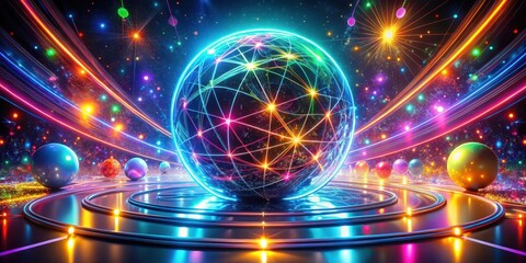 Obraz premium A vibrant abstract sphere surrounded by colorful neon orbits in a mesmerizing display of light and energy, futuristic art, stylized geometry