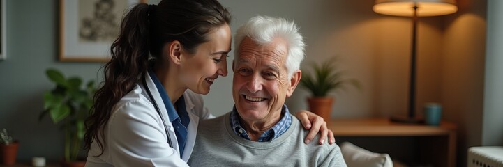 Heartwarming interaction between a caregiver and an elderly man, highlighting compassion and connection in senior care.