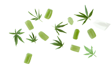 Top view flat lay pattern of assorted green cbd gummy bears and jellies with cannabis leaves leaf isolated on cut out PNG or transparent background. Wellness and edibles. Cannabis food desserts.